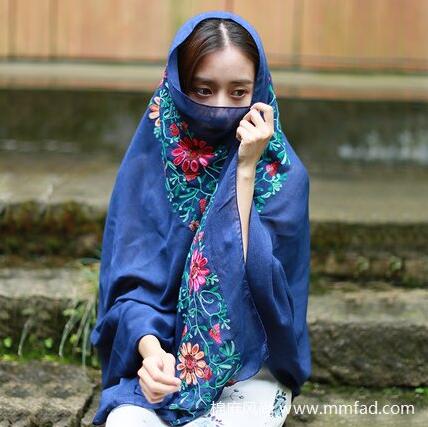 女士棉麻圍巾民族風防曬披肩花朵刺繡絲巾