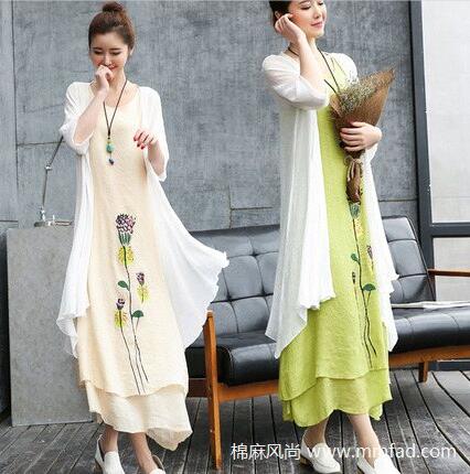 時(shí)尚文藝棉麻連衣裙兩件套亞麻女裝寬松印花中長(zhǎng)款