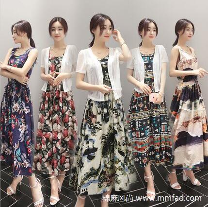 大碼女裝棉麻無(wú)袖長(zhǎng)裙套裝裙背心打底連衣裙亞麻兩件套