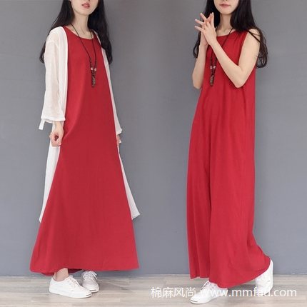 文藝復(fù)古打底無(wú)袖棉麻連衣裙純色百搭寬松中長(zhǎng)款