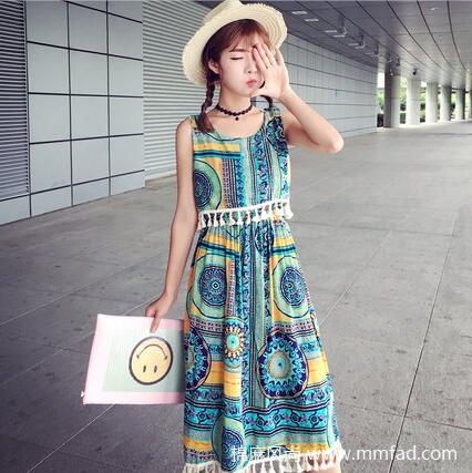 小清新碎花棉麻連衣裙中長(zhǎng)款沙灘長(zhǎng)裙