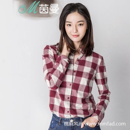 棉麻女裝品牌茵曼--文藝范大格子純棉襯衫女長袖