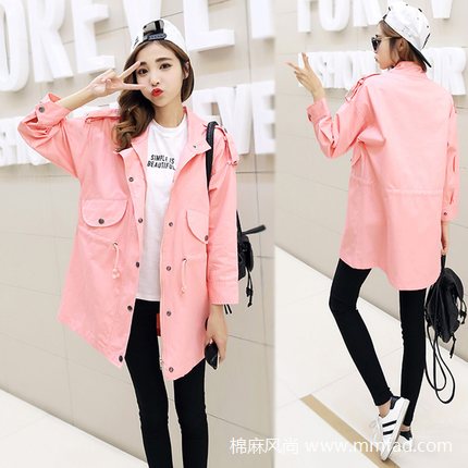 韓版中長款風(fēng)衣修身顯瘦純色小清新學(xué)生長袖工裝棉外套