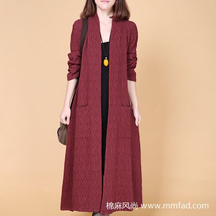 長款棉麻外套女加厚春秋文藝長袖風(fēng)衣開衫大碼上衣