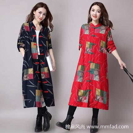 民族風(fēng)立領(lǐng)盤扣長款棉麻外套大衣透氣風(fēng)衣