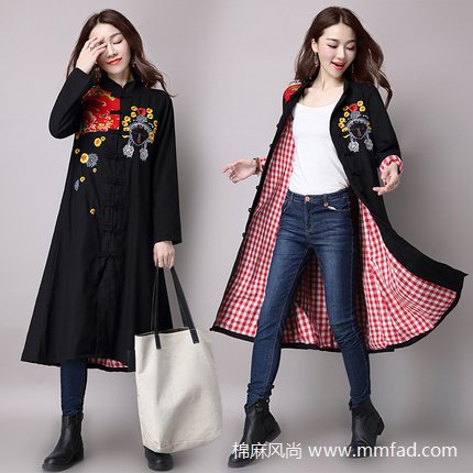復(fù)古民族風(fēng)女裝刺繡花拼接中長款外套長袖棉麻風(fēng)衣女