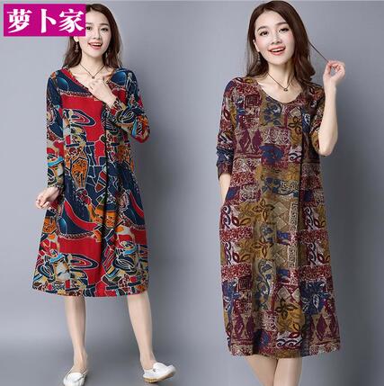 復古棉麻民族風連衣裙文藝印花褶皺
