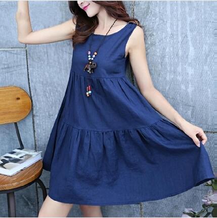 韓版寬松無袖棉麻連衣裙小清新文藝范