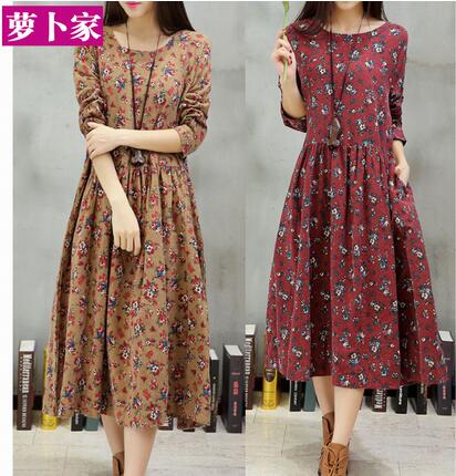 大碼女裝寬松中長款民族風碎花亞麻連衣裙
