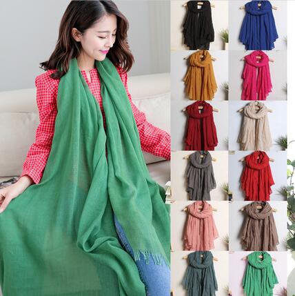 純色圍巾百搭棉麻圍巾女春秋冬純色全棉長(zhǎng)款披肩兩用