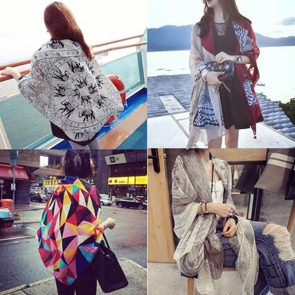 女士長(zhǎng)方形圍巾海邊防曬加大披肩棉麻民族風(fēng)圍巾兩用