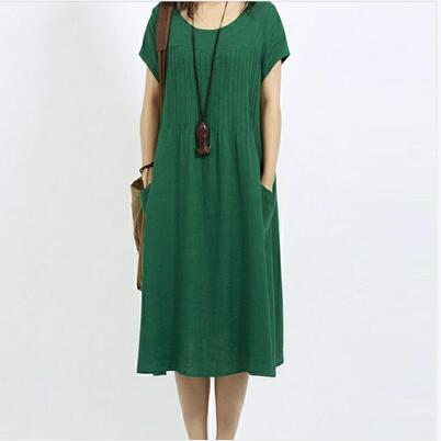 韓版大碼女裝棉麻短袖連衣裙寬松中長(zhǎng)款