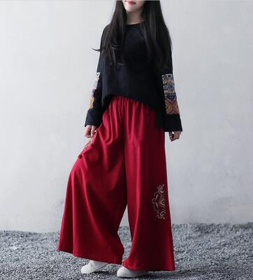 墨下初心 原創棉麻中國風刺繡亞麻闊腿褲 墨下初心 原創棉麻中國風刺繡亞麻闊腿褲