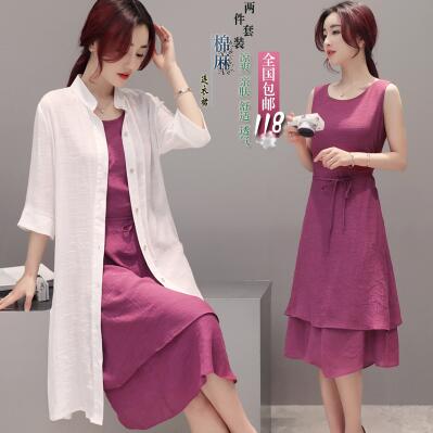 玫紫色寬松顯瘦套裝棉麻連衣裙 玫紫色寬松顯瘦套裝棉麻連衣裙